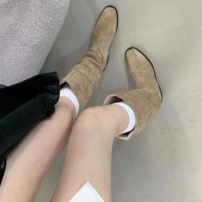 Ботильоны Женские Рыцарские Ботинки Винтажная Замша Толстый Каблук Квадратный Носок Зимние Хаки Плиссированные Высокие Ботинки