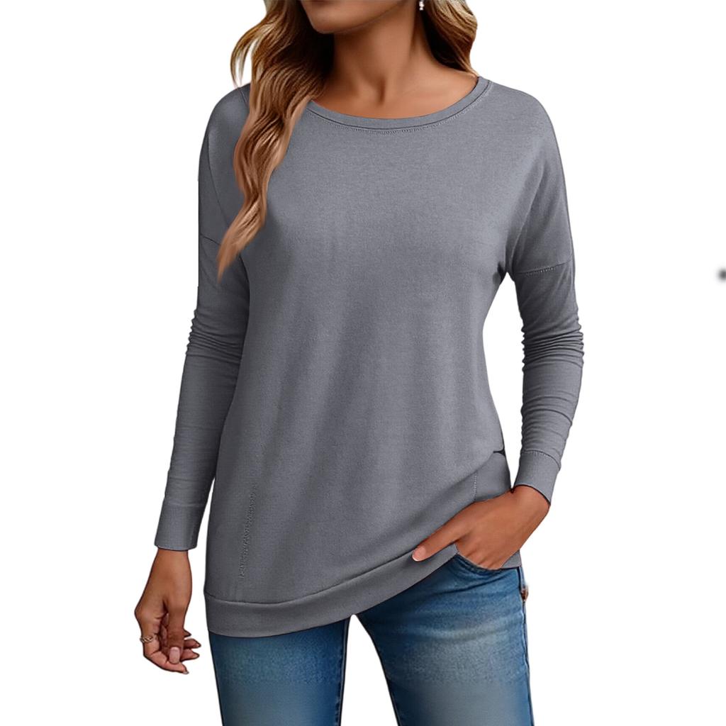 Women's Fashion Loose Round Neck Long Sleeve Solid Color T-shirt Top