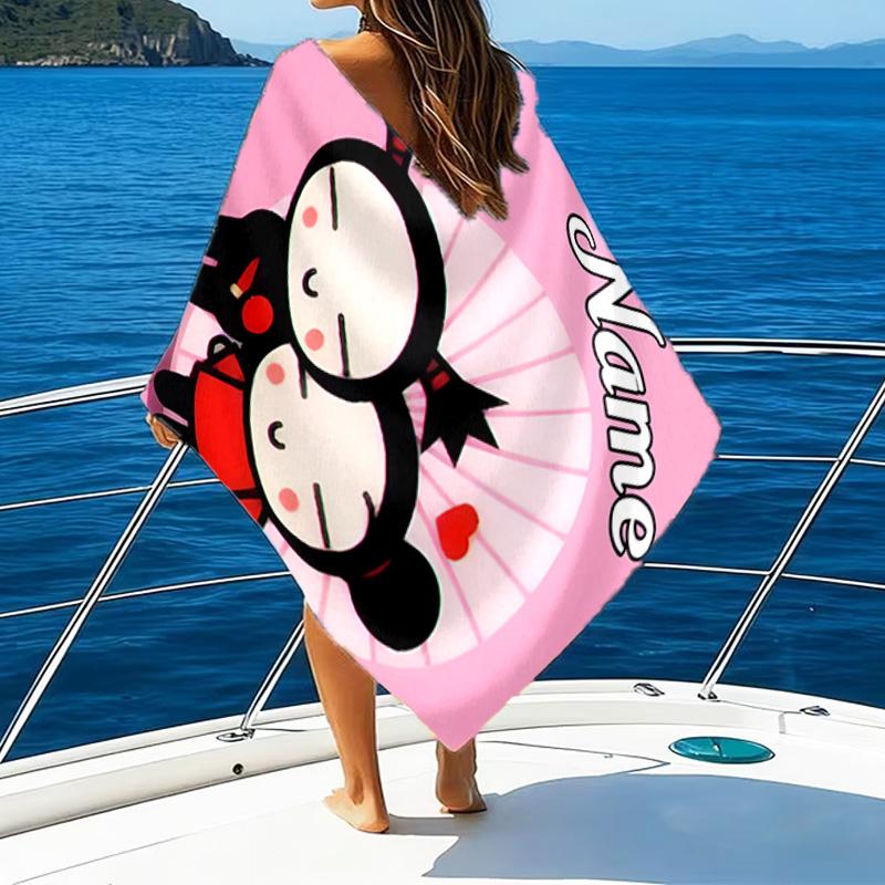 Custom Name Heartfelt Pucca Love Microfiber Beach Towel Super Soft & Absorbent for Bath, Beach, Travel Bath Time Accessory, Fan gifts