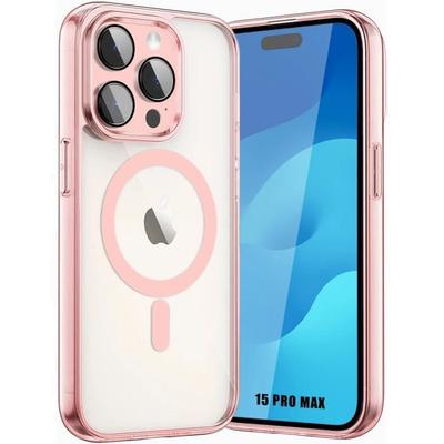 Чехол для iPhone 15 Pro Max с Магнитным Кольцом и Защитой Камеры, Прозрачный Жесткий Чехол с Розовым Ободком