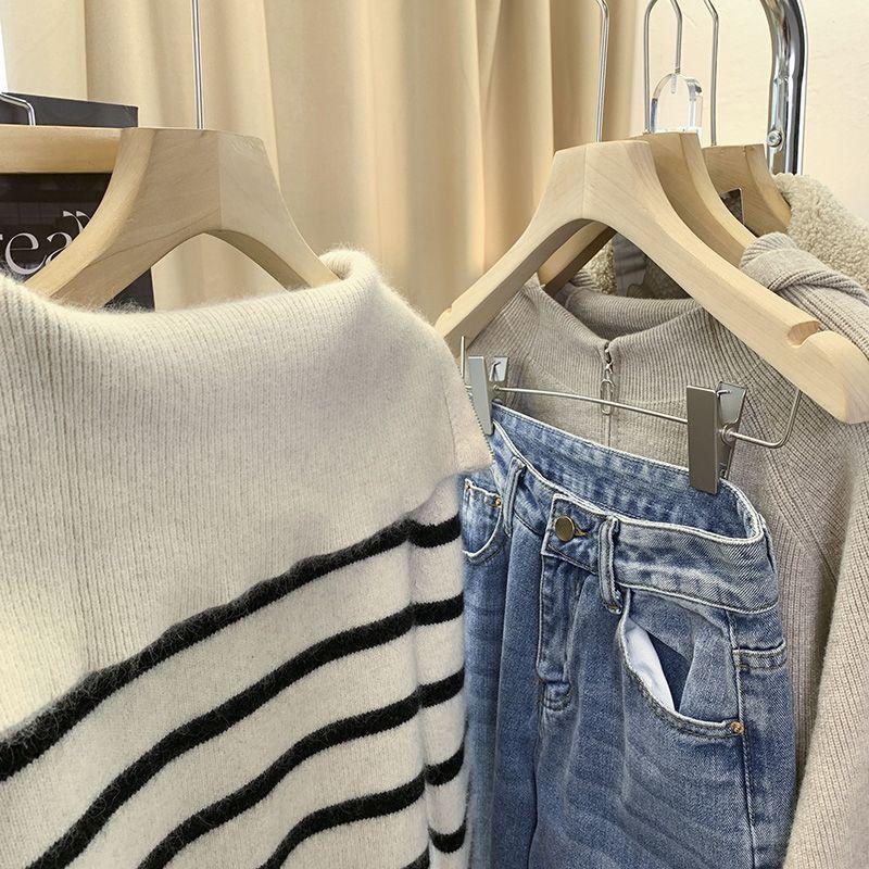 Женский полосатый вязаный свитер на молнии, трикотаж, пуловер, осенне-зимняя одежда, свободный свитер с длинными рукавами, корейский стиль 2023