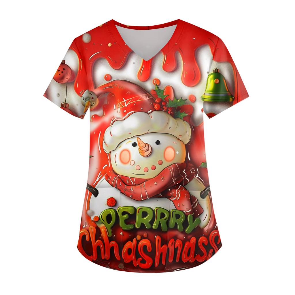 Ladies' Christmas Printed Fashionable V-neck Pocket Short Sleeved Uniform And Caregiver Top