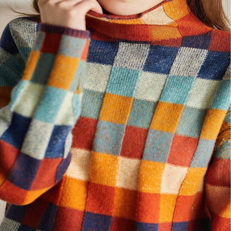 Colorful Sweaters Womens Checkerboard Knit Sweater Autumn Winter High Neck Fashion Casual Wear Checkered Sweater Women