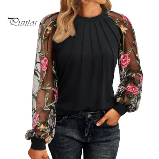 Женские топы с круглым вырезом, сетчатые, с ажурными буфами, с длинными рукавами, однотонные, универсальные, стильные, блузки