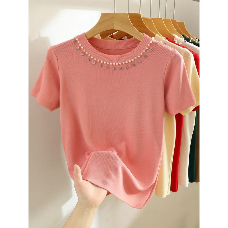 Women's Summer Short Sleeve Knitted T-shirt New Fashion O Neck Beaded Knit Elegant Short Top Female Casual Simple Solid Color Ladies Tshirt 3112