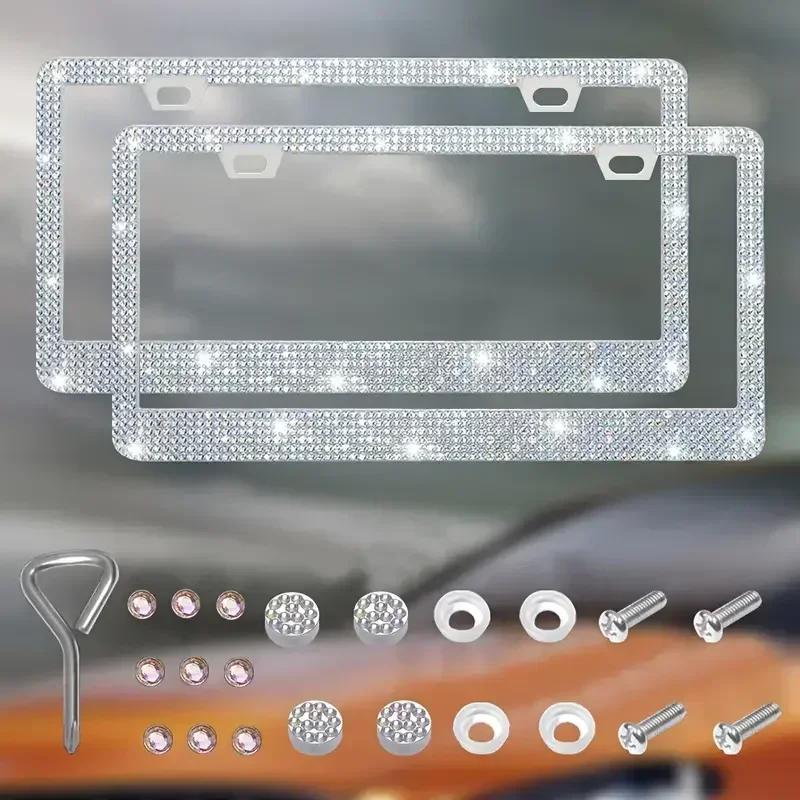 1/2pcs Bling Crystal License Plate Frame Luxury Car Frame Plate with Button Diamond Car License Plate Frame Cover for Women