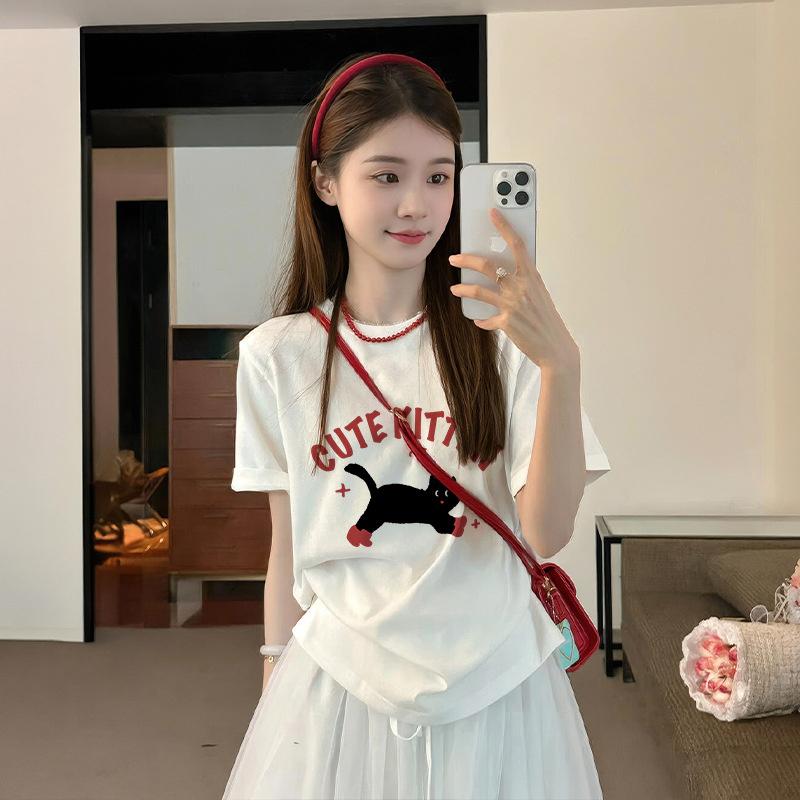 2026 Summer New Short-Sleeve T-Shirt for Women, Korean Style Printed Loose Student Top, Pure Cotton Base Shirt, Ins Trend