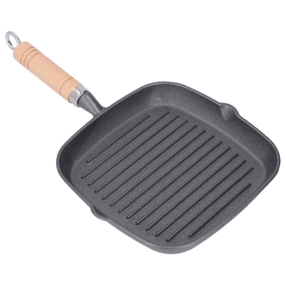 Cast Iron Steak Pan Wooden Handle Steak Griddle Kitchen Cookware Grill Pan Indoor & Outdoor