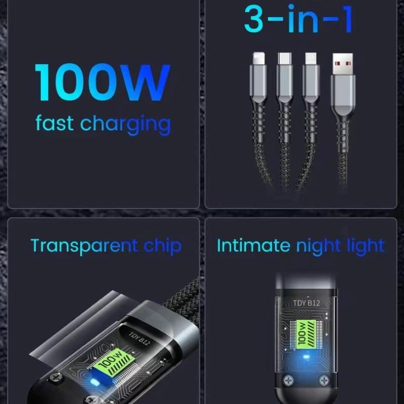 100W 3 In 1 Micro USB Type C Lighting Fast Charging Cable for iPhone Samsung Xiaomi USB C iOS Date Wire Charger