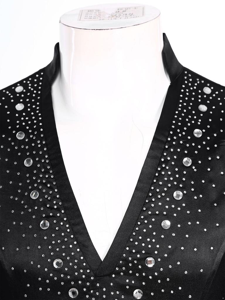 Mens Dance Leotard Glittery Rhinestones V Neck Design Long Sleeve Satin Patchwork Bodysuit