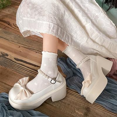 Белые туфли Мэри Джейн на платформе с бантом, на толстом каблуке, из маленькой кожи, женские, 2025, новые, весна-осень, с круглым носком, универсальные, на высоком каблуке