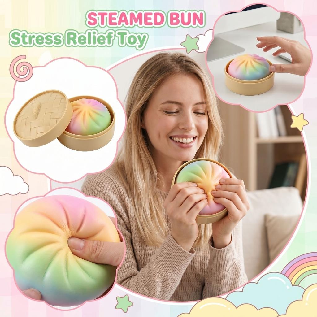 Bao Bun Stress Relief Toy with Steamer Basket 10cm Random Expression Soft Sensory Fidget for Desk and Office Use