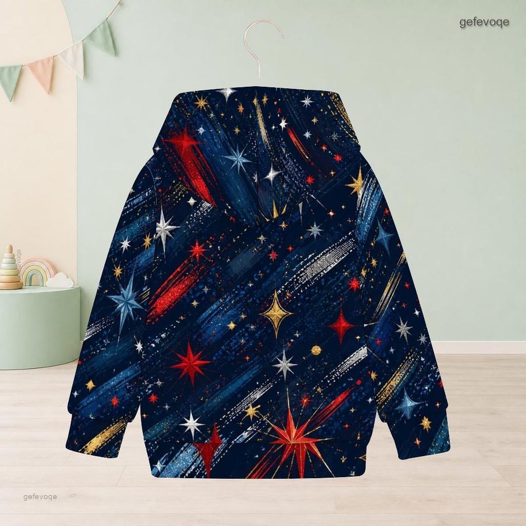 Girls Long Sleeve Hoodie Firework Printed Red Navy Gold Casual Pullover