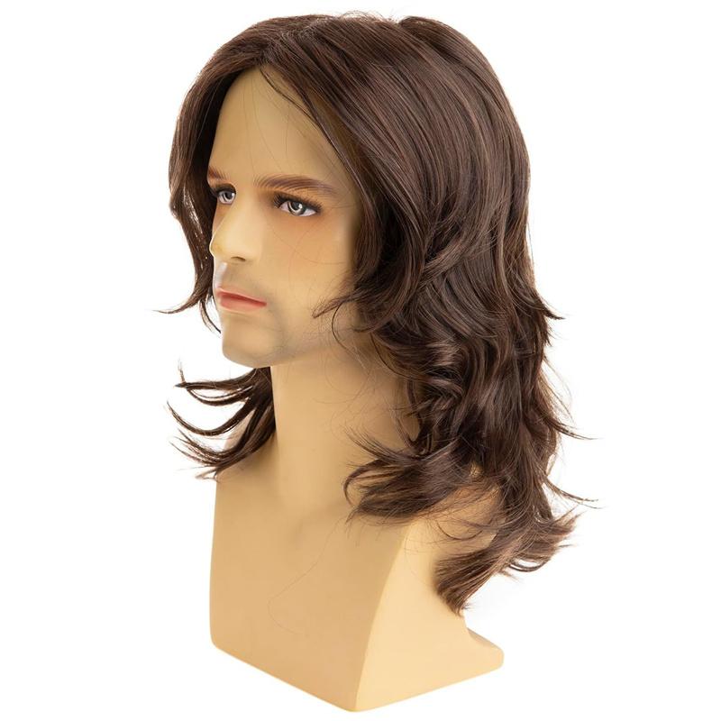 Synthetic Natural Brown Wig Long Curly Hair for Men Daily Use Layered Wig with Bangs Gift Outfits Costume Party Wigs