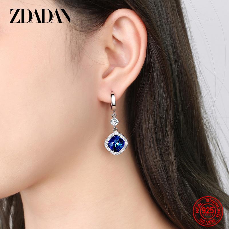 925 Sterling Silver Blue Crystal Drop Earrings for Women Fashion Wedding Jewelry