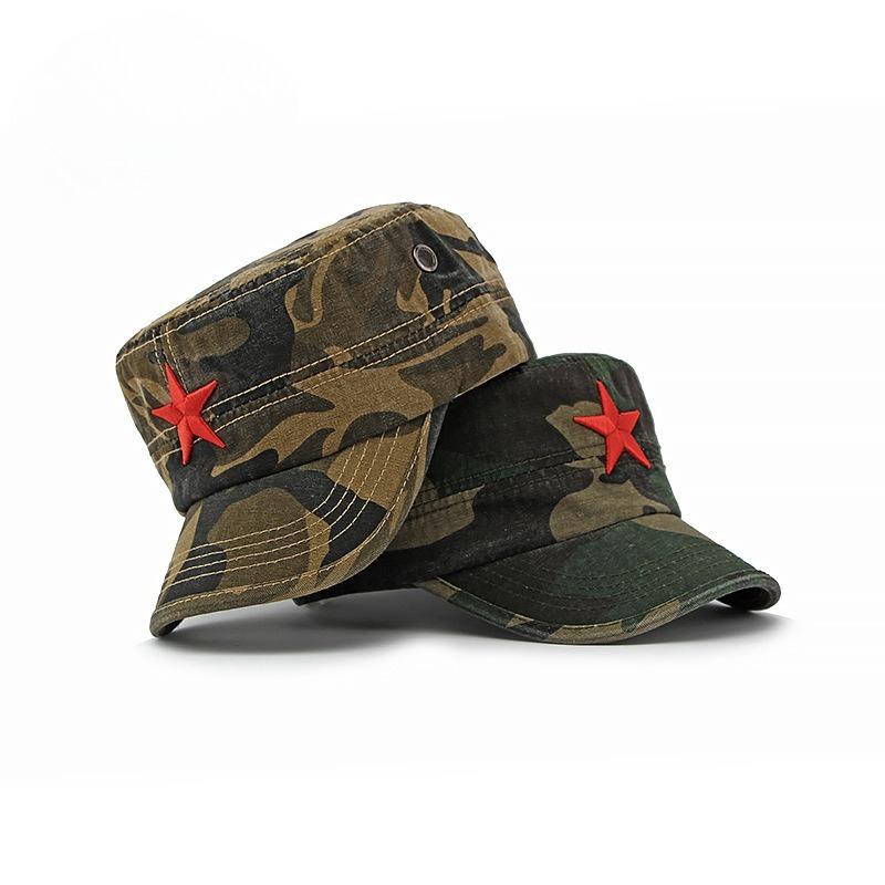 Vintage Camouflage Military Cap Red Star Embroidery Cotton Flat Top Hat Unisex Outdoor Sun Protection Hiking Travel Cap