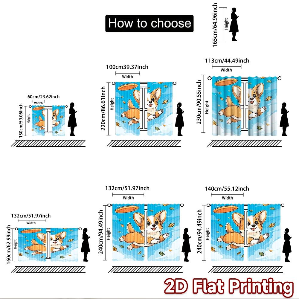 2D flat printing 2pcs Curtains Cute Corgi Flying Frisbee Digital Printed Polyester Drapes Festive Holiday for Home Wall Yard Use