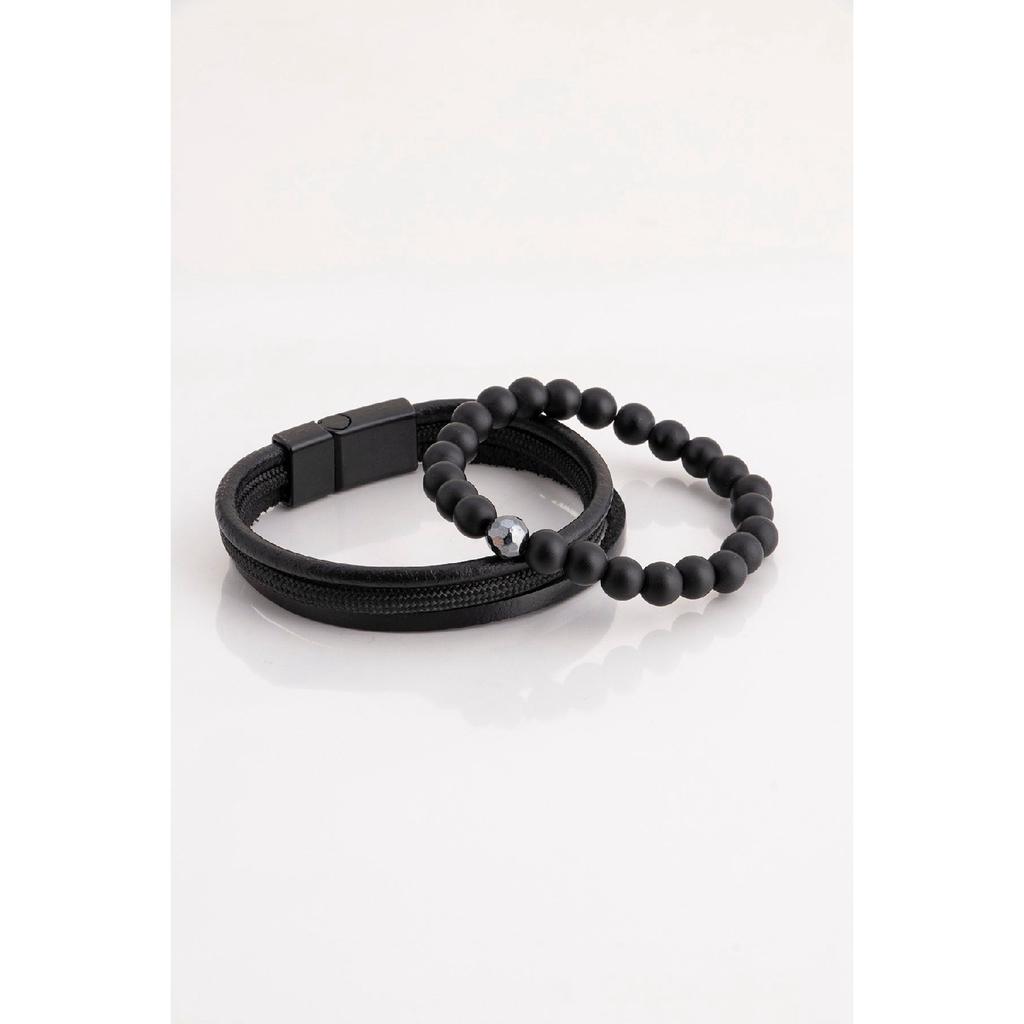 Мужской комбинированный браслет из черной натуральной кожи и гематита из натурального камня 001