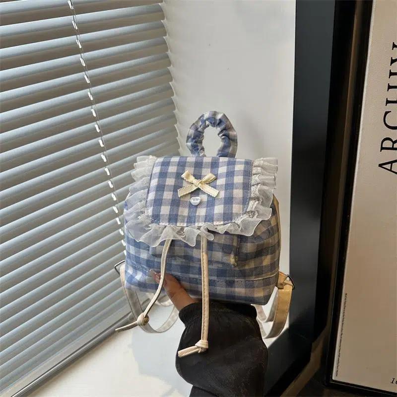 1 шт. Сумка через плечо с бантом большой вместимости, многофункциональный рюкзак в корейском стиле с кружевом и клеткой, дорожный холщовый рюкзак, сумка для книг