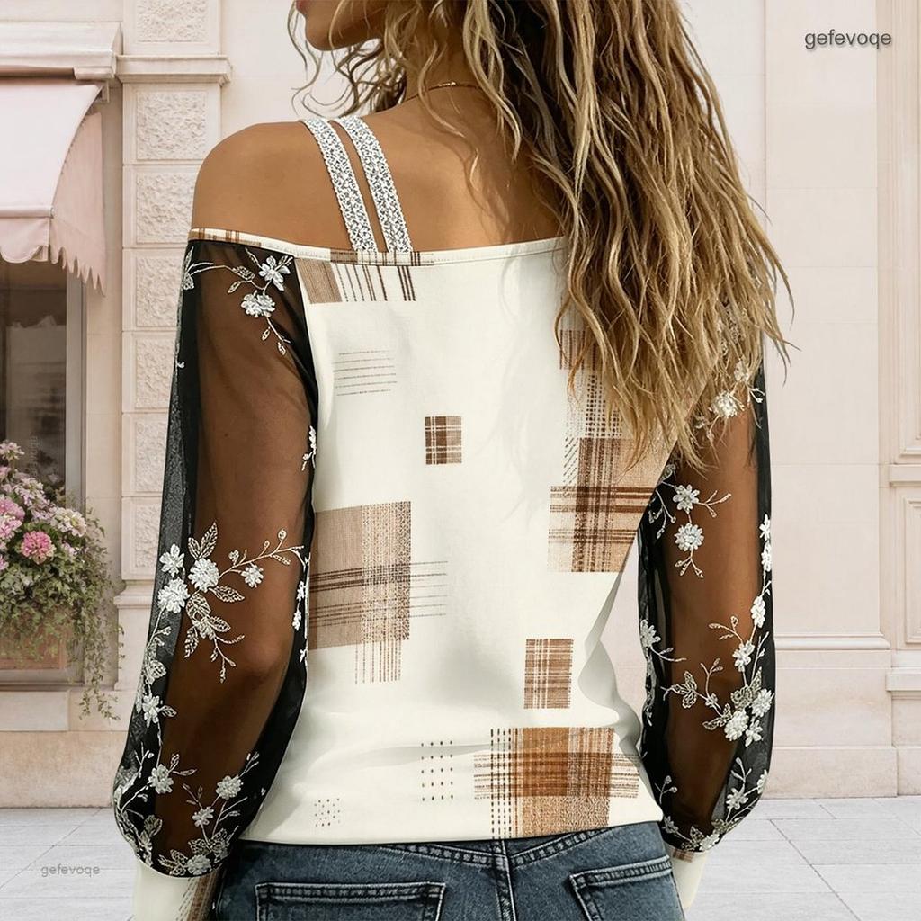 Women Plus Size Asymmetric Cold Shoulder Long Sleeve T Shirt Plaid Floral Printed Sheer Sleeve Top