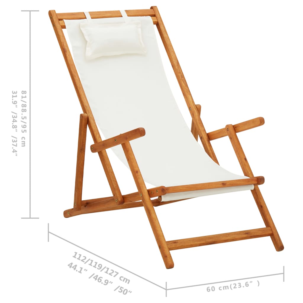 Folding Beach Chair Solid Eucalyptus Wood and Cream Fabric