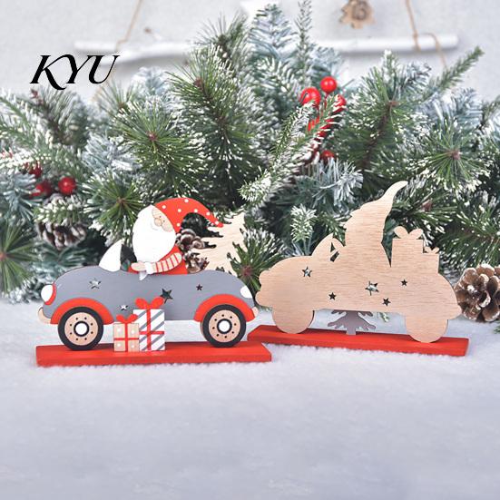 Decorative Wooden Gnome Set Vintage Santa Driving Figurine, Car Tabletop Ornament Natural Wood Christmas Craft with Tree, Festive Holiday Decor