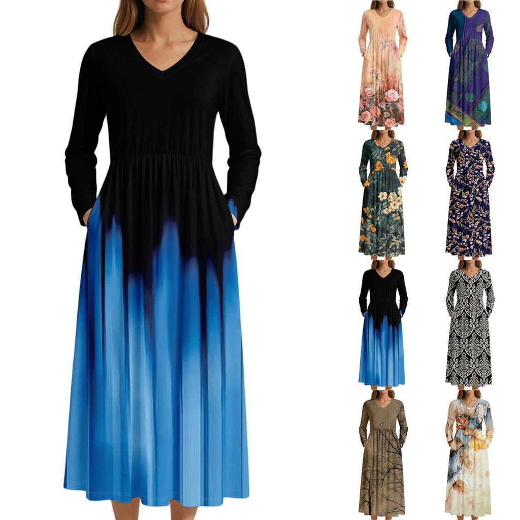 Dress For Women Long Boho Beach Dress Elegant Maxi Dress V-Neck Long Sleeve Dress With Pockets
