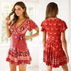 Women's Holiday Bohemian Print Mini Dress Ladies V Neck Summer Beach Sundress