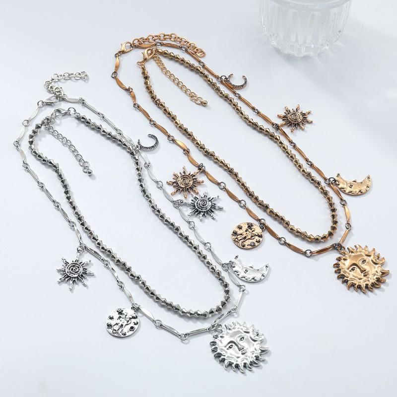 Layered Geometric Pendant Necklace With Sun Moon Star Motifs Women - Gold Alloy Fashion Jewelry