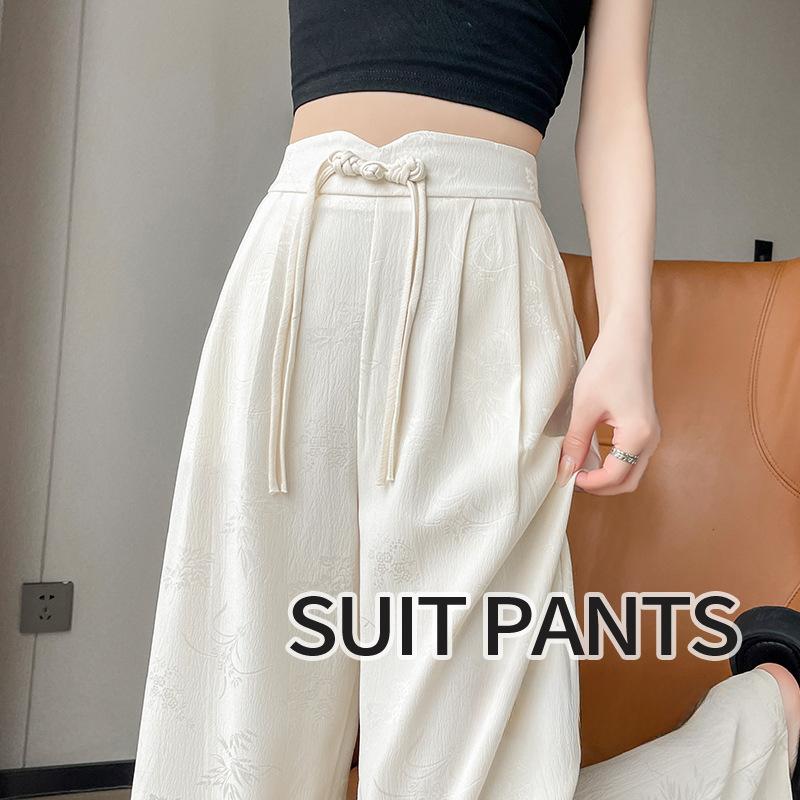 Широкие брюки с пластинчатыми пуговицами для женщин, весенние и летние жаккардовые атласные прямые брюки в национальном стиле с высокой талией, повседневные драпированные брюки