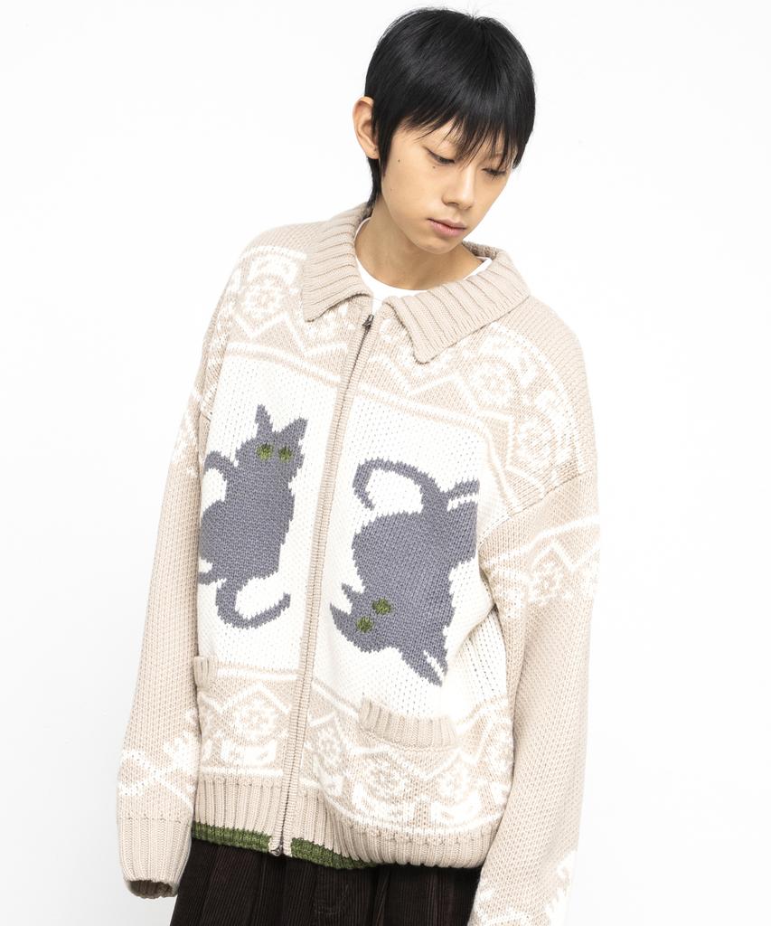 GLACK Gznt003 Ato Cat Cowichan Knit Zip-Up (Beige)