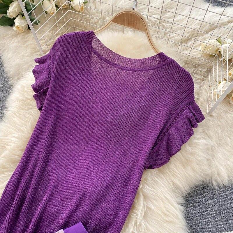 Новый летний повседневный комплект из двух предметов, женский вязаный свитер с рукавами-бабочками из люрекса, пуловер, длинная юбка-миди с принтом, костюм