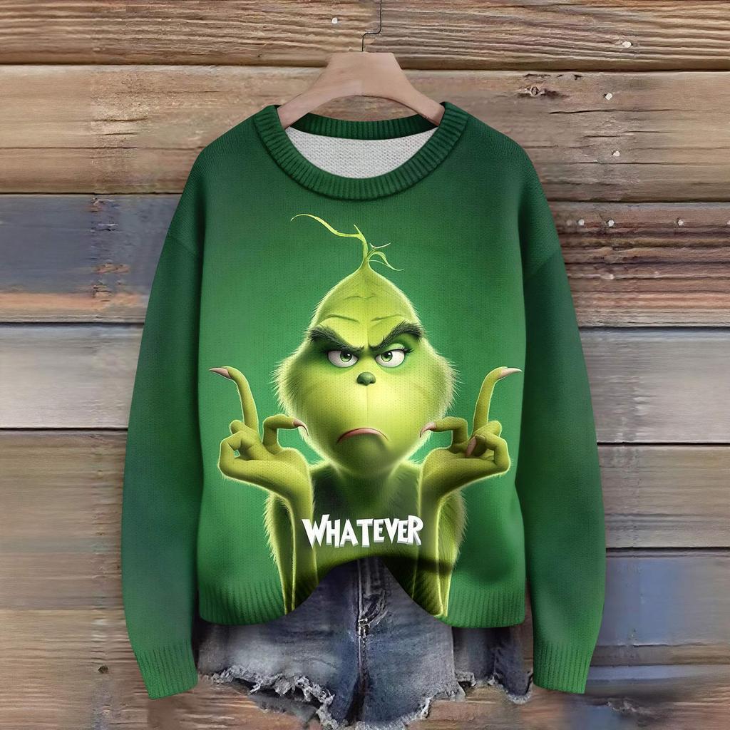 Long Sleeve Pullover Sweaters For Women O Neck Casual Cute Printing Knit Oversized Sweater