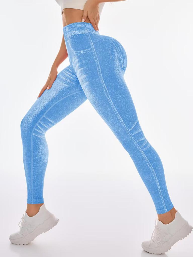 Бесшовные леггинсы для йоги с высокой талией и эффектом пуш-ап для женщин - Быстросохнущие, стройнящие, облегающие, в стиле денима, для бега и фитнеса
