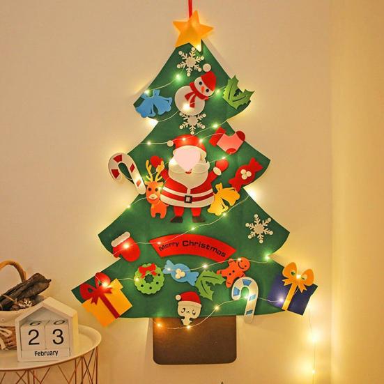 DIY Felt Christmas Tree with 5m LED Lights 3-Foot Tall Wall Hanging Decor with Detachable Ornaments Montessori Holiday Activity for Kids And Home