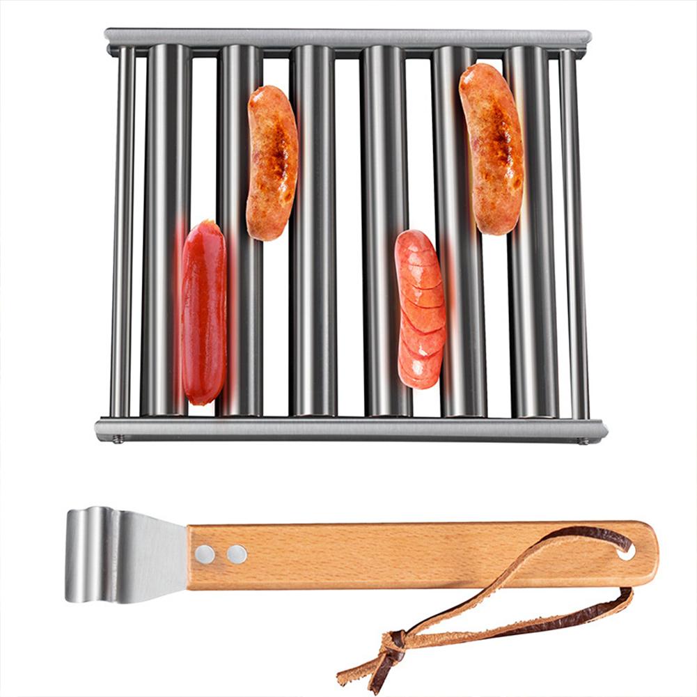 Hot Dog Roller Sausage Roller Rack Stainless Steel Hot Dog Grill Roller with Wooden Handle BBQ Hotdog Roller Grill Accessories