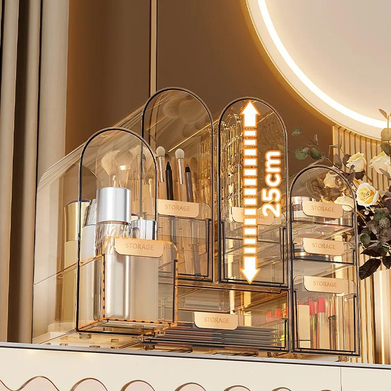 Акриловый органайзер для макияжа, косметический органайзер, пылезащитный настольный стеллаж для хранения ювелирных изделий, комод, чехол для губной помады, полка