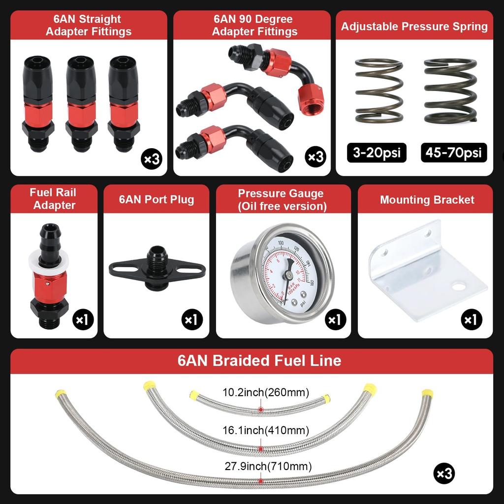 Adjustable Fuel Pressure Regulator Kit AN6 Feed & AN6 Return Line W/ 0-160PSI Gauge Set 3-20/ 20-45/ 45-70 Pressure Springs