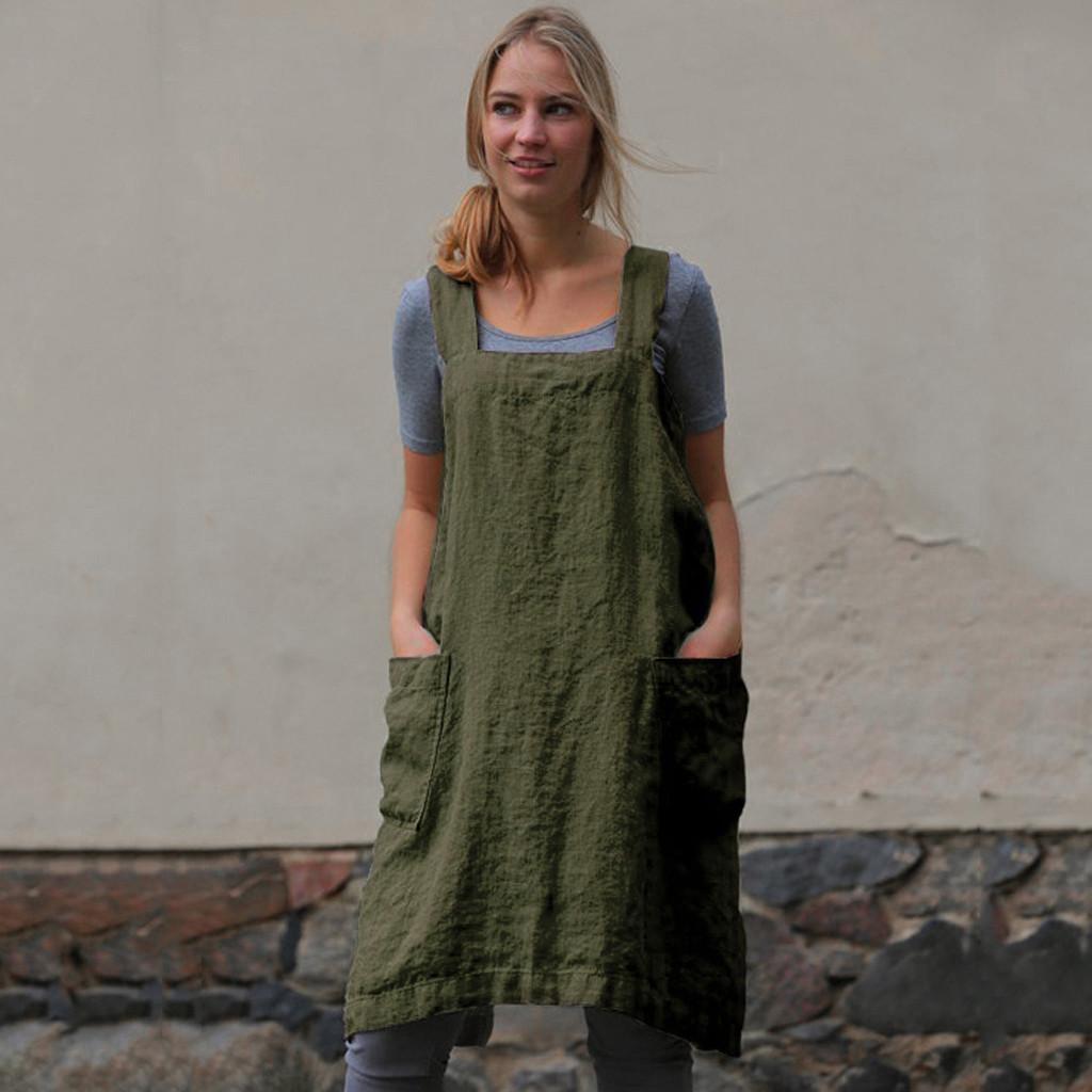 Women Cotton Linen Pinafore Square Cross Apron Garden Work Pinafore Dress