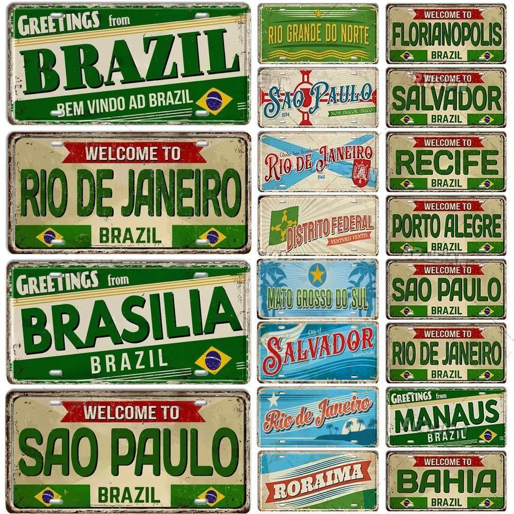 HD Metal Tin Sign Vintage Brazil Cities License Plate Style Retro Wall Art Decor for Home Bar Garage