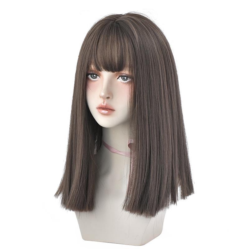 Черные прямые парики средней длины с воздушной челкой для женщин