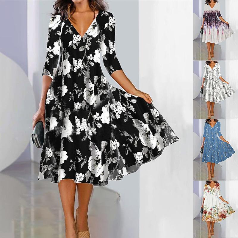 Women Spring Summer Flower Pattern Print V-Neck High Waist Casual Dresses