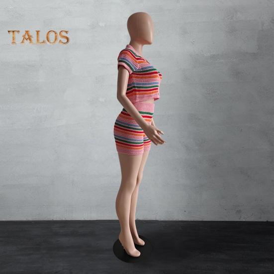 2 шт./компл., женский топ Crio, комплект с шортами, вязаный полосатый комплект с короткими рукавами, однобортный топ с V-образным вырезом, брюки с высокой талией и эластичной резинкой на талии, повседневный комплект