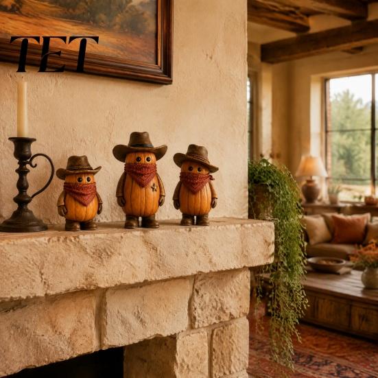 Festive Home Accents 3PCS Western Cowboy Pumpkin Figurine, Retro Man Statues with Hat, Thanksgiving Table Centerpieces Fall Halloween Tabletop