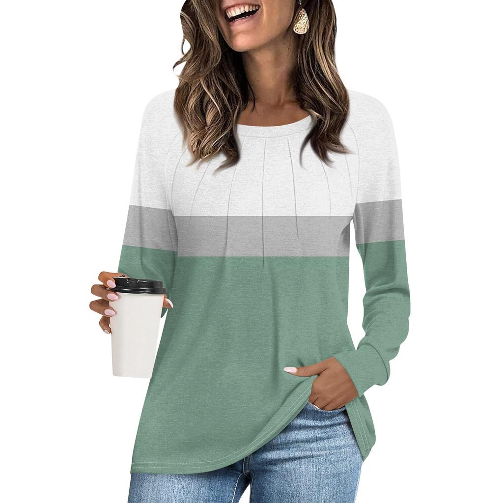 Women's Fashion Casual Pleated Round Neck Long Sleeve Striped T-Shirt Comfortable Top