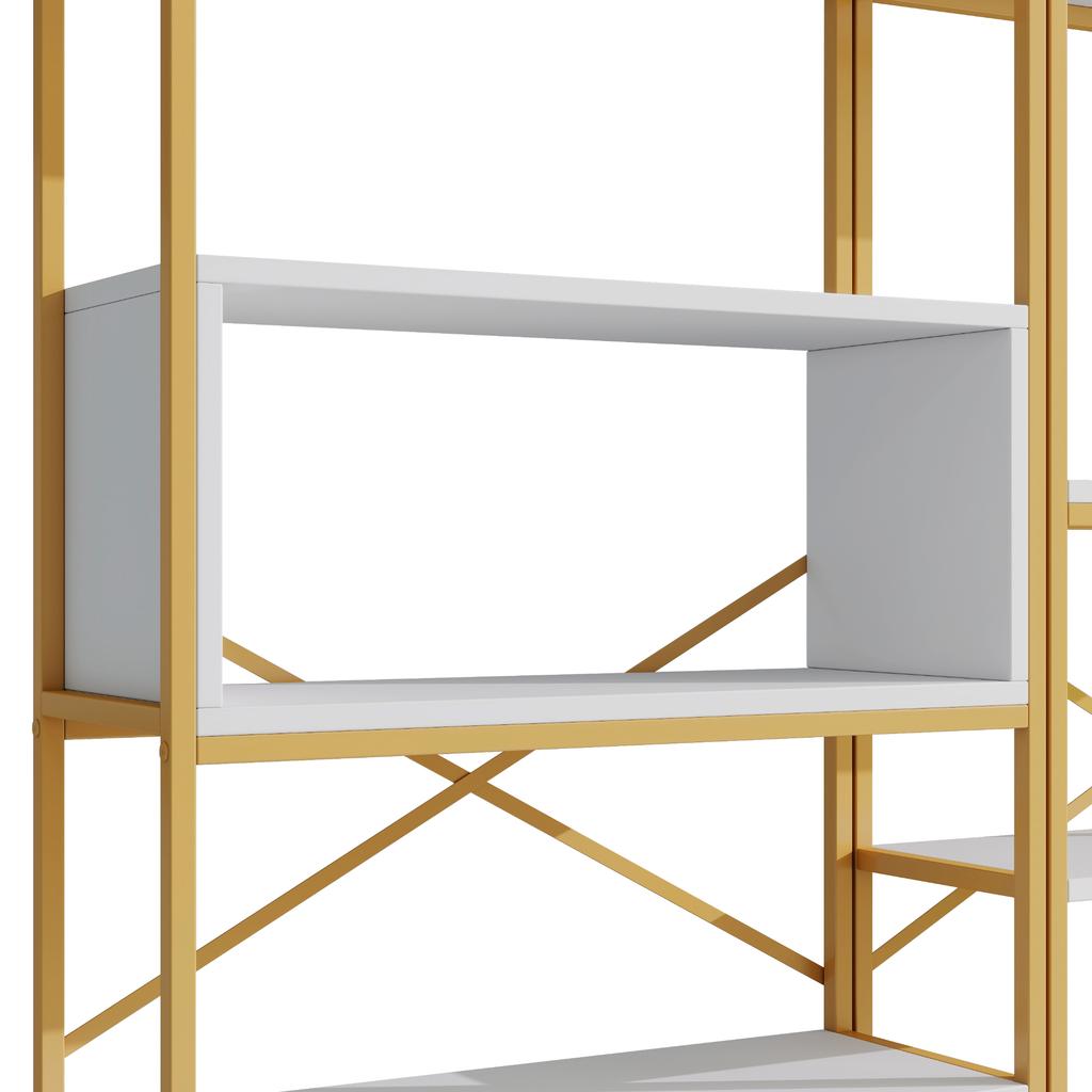 160 x 29.5 x 180 cm Shelf in Modern Minimalist Style, Steel Tube + MDF, Gold-White Color Scheme, Easy to Assemble and Clean, Gold + White