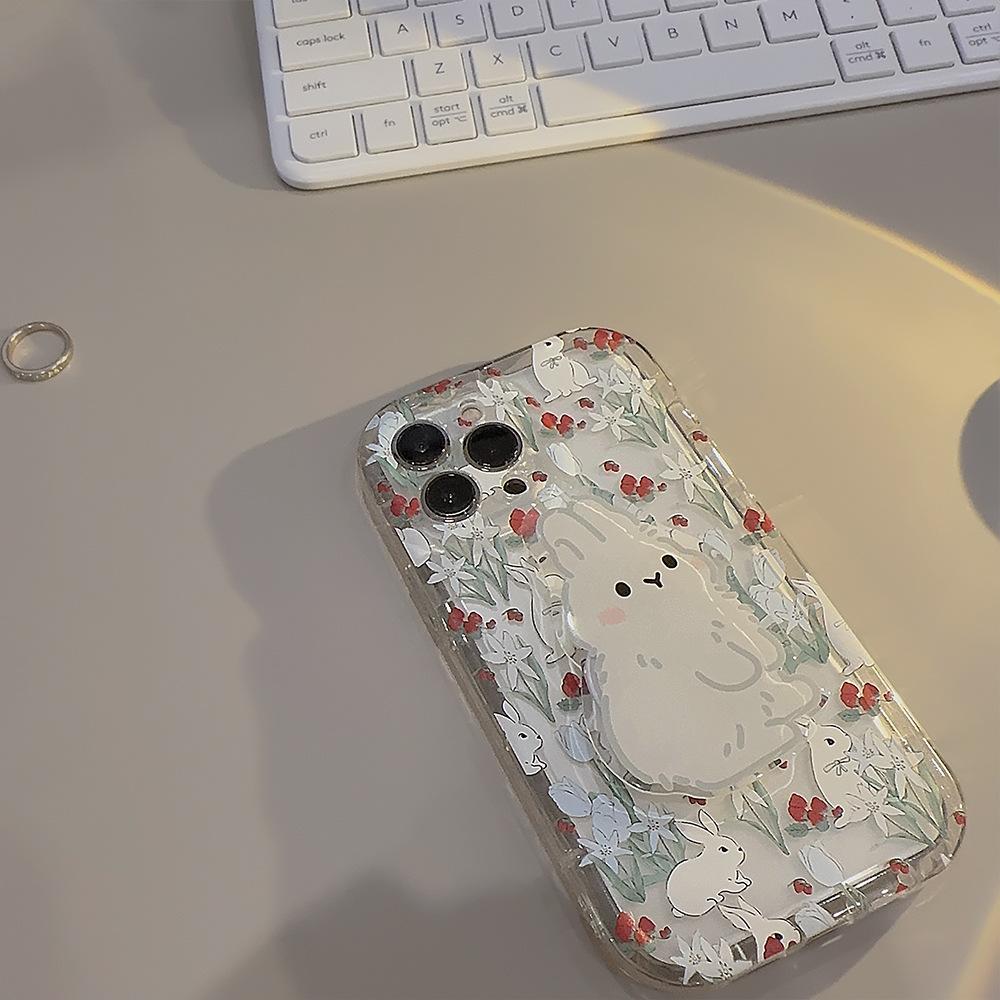 Korean-style floral rabbit design applicable iphone13Apple14Phone case11Cute girl15pro max Bracket16Transparent