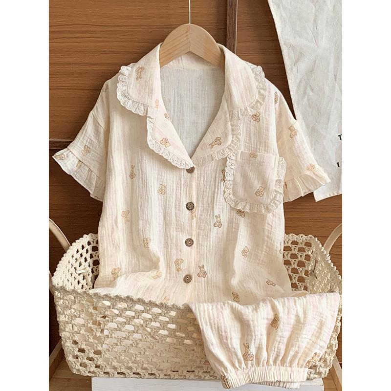 100% Cotton Cartoon Print Short Sleeve Pajama Set Girls Lightweight Sleepwear Two Piece Home Outfit
