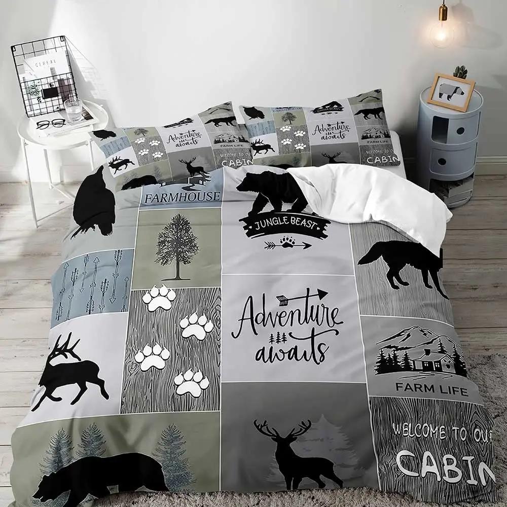 Набор постельного белья с пододеяльником Farmhouse Soft из мягкой ткани, Черный Медведь Олень Лось Лесные Животные Дикая Природа Коттедж Сельский Набор Постельного Белья King, Шалфейный Зеленый Коричневый Клетка