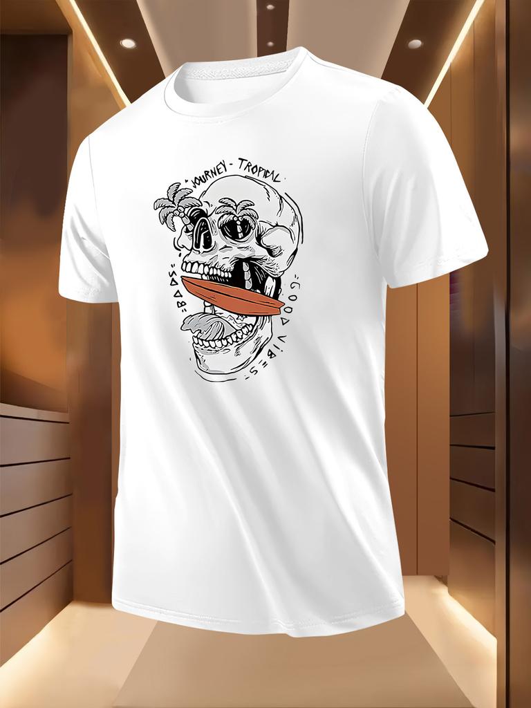 Tropical Skull Graphic Tshirt - Casual Short Sleeve Crew ...